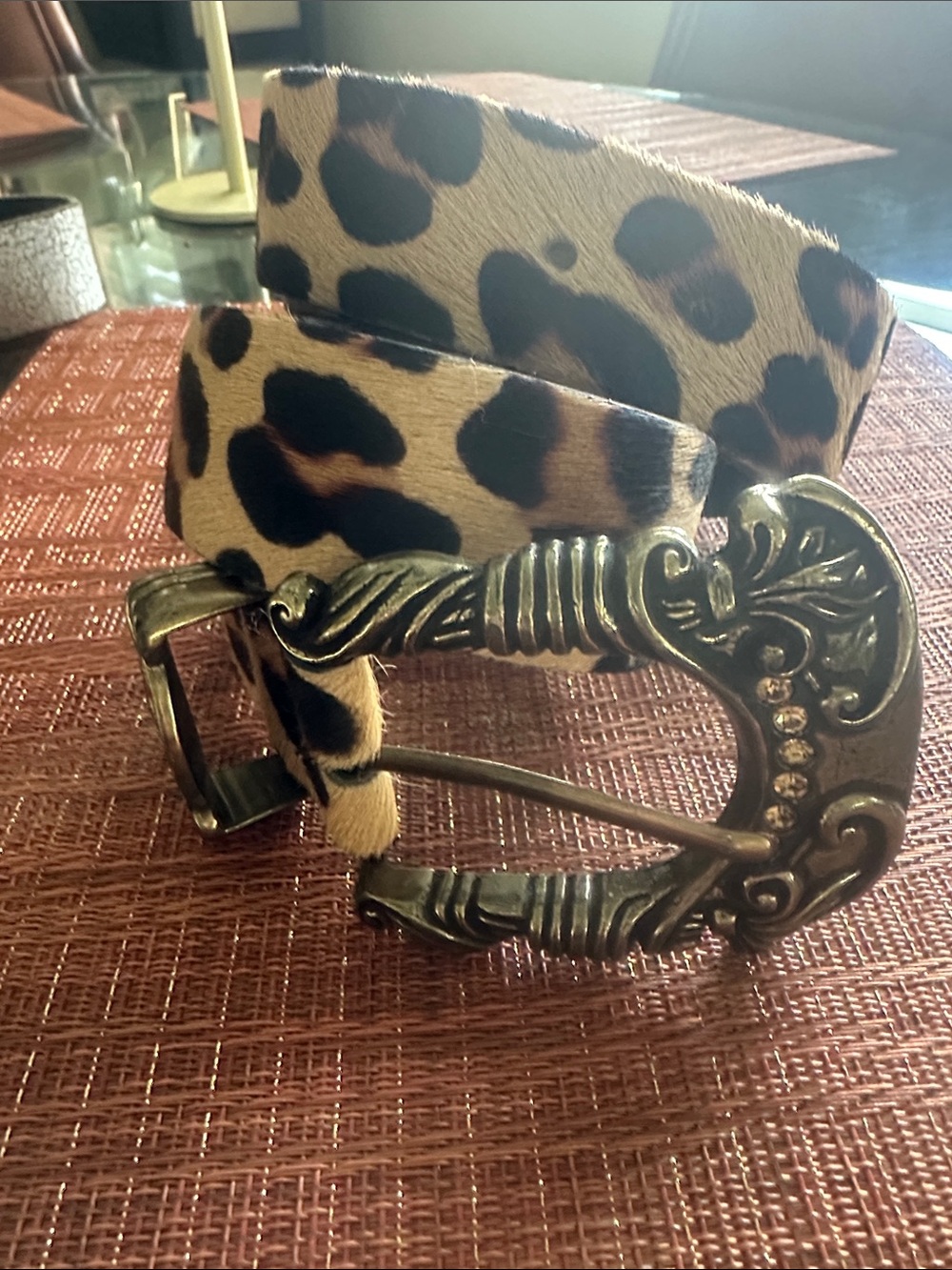 Leopard Print Haircalf Belt with Ornate Brass Buckle